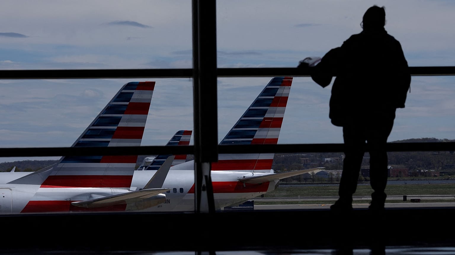Archives : passager regardant des avions d'American Airlines sur le tarmac de l'aéroport Reagan de Washington, le 3 avril 2020