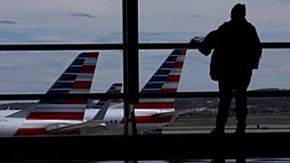 Archives : passager regardant des avions d'American Airlines sur le tarmac de l'aéroport Reagan de Washington, le 3 avril 2020