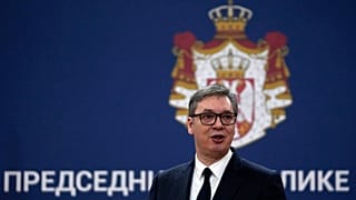 Serbian President Aleksandar Vucic speaks during an annual public address in Belgrade, Serbia.