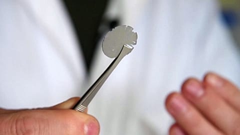 Image shows an 'artificial leaf' developed by scientists at the École Polytechnique Fédérale de Lausanne, that can produce hydrogen from sunlight and air.