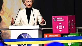 European Commission President Ursula von der Leyen at the inauguration of Esrange's new satellite launch ramp, Spaceport Esrange outside Kiruna Sweden, Friday Jan. 13, 2023. 