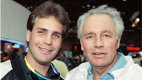 Robbie Knievel, left, poses with his famous father, Evel Kneivel, at a New York news conference in 1989