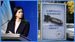 Szentkirályi Alexandra kormányszóvivő és egy nemzeti konzultációt hirdető plakát