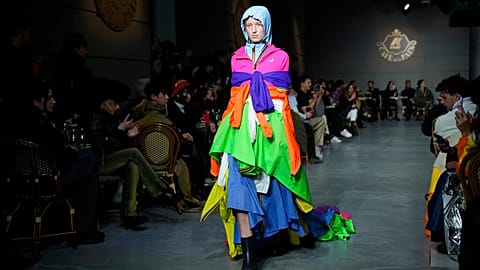 A model wears a creation as part of the K-Way menswear Fall-Winter 2023-24 collection presented in Milan, Italy, Saturday, Jan. 14, 2023.