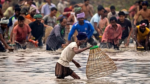 Des villageois participent à une pêche communautaire à Panbari, en Inde (14/01/2023)
