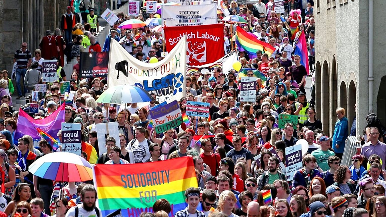Thousands of people march down Edinburgh's Royal Mile to mark the city's 21st Pride festival, Saturday July 2, 2016.