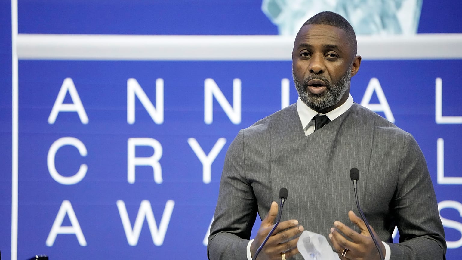 Actor Idris Elba speaks after he received the Crystal Award at the World Economic Forum in Davos, Switzerland on Monday.