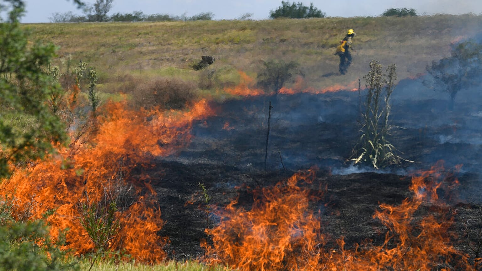 Un incendio de malezas avanza a un costado de la autopista Rosario - Santa Fe en Barrancas , provincia de Santa Fe, Argentina, el martes.