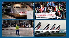 TGV à Paris, manifestation d'enseignants à Bayonne, employé d'une raffinerie pétrolière à Fos-sur-mer, avions d'Air France à Roissy (Paris) - Archives