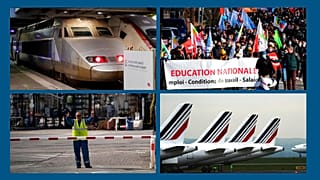 TGV à Paris, manifestation d'enseignants à Bayonne, employé d'une raffinerie pétrolière à Fos-sur-mer, avions d'Air France à Roissy (Paris) - Archives
