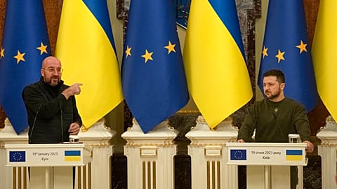 European Council President Charles Michel and Ukrainian President Volodymyr Zelenskyy attend a news conference in Kyiv.