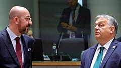 European Council President Charles Michel, left,  and Hungary's Prime Minister Viktor Orban at an EU summit in Brussels, Dec. 15, 2022. 