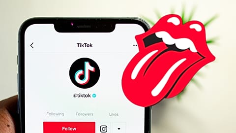 Rolling Stones logo and the TikTok app on a phone