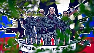 A mural depicting mercenaries of Russia's Wagner Group that reads: "Wagner Group - Russian knights" on a wall in Belgrade, Serbia.