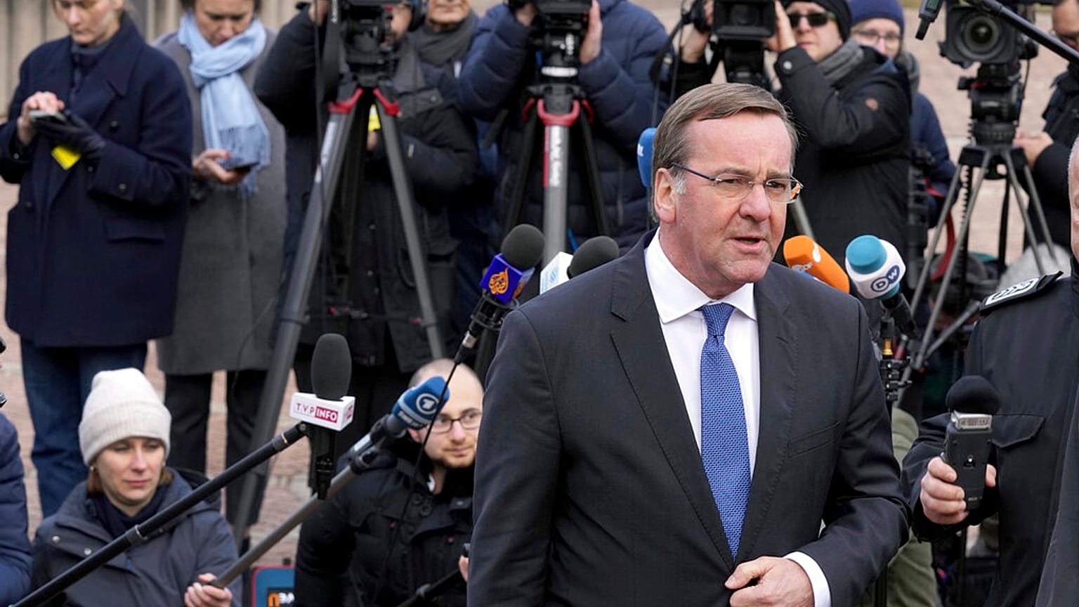 German Defence Minister Boris Pistorius leaves after a press conference during the meeting of the 'Ukraine Defense Contact Group' at Ramstein Air Base in Germany.