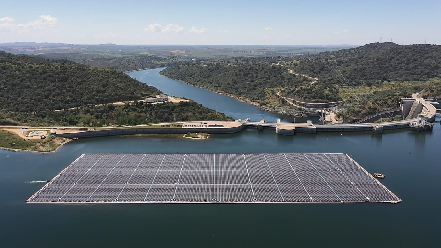 The floating solar panel field at the Alqueva Dam in Portugal.