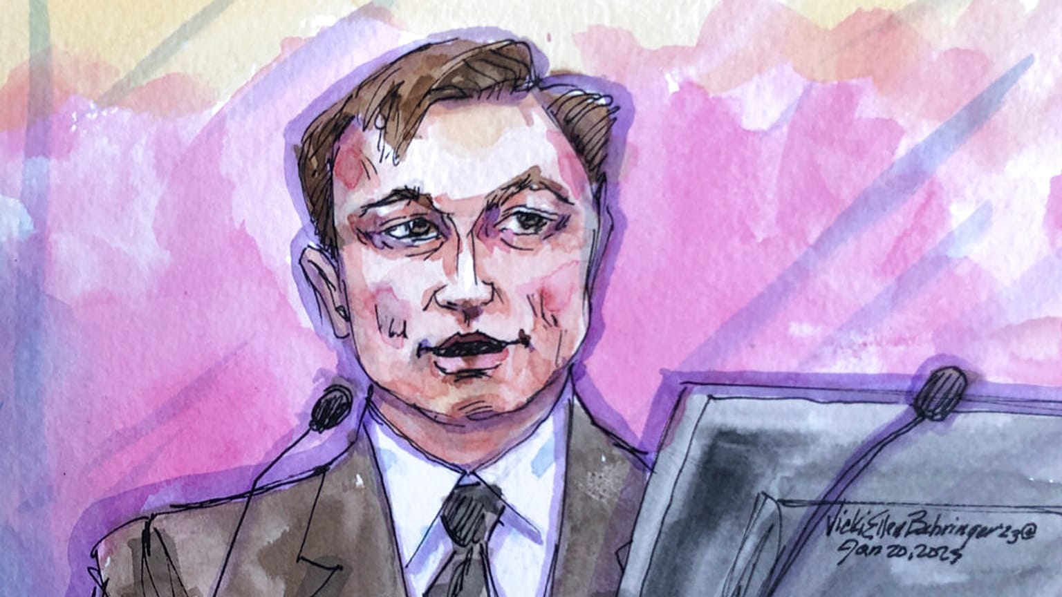 Elektrikli otomobil üreticisi Tesla'nın Üst Yöneticisi Elon Musk'ın duruşma çizimi
