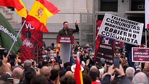 Vox leader Santiago Abascal addresses the rally in central Madrid