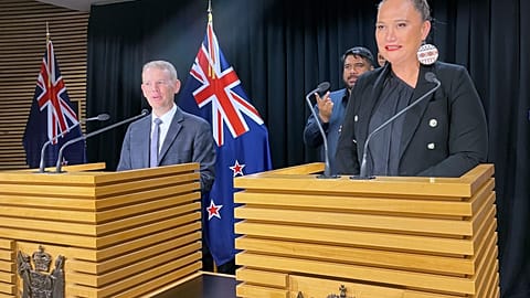 Chris Hipkins, left, and Carmel Sepuloni hold a press conference at Parliament in Wellington, Sunday, Jan. 22, 2023.