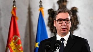 Serbian President Aleksandar Vucic speaks during a press conference after meeting with European Union envoy Miroslav Lajcak, in Belgrade, Serbia, Friday, Jan. 20, 2023.