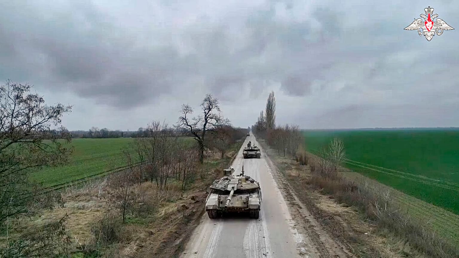 Russian Army T-90M tanks roll to their position at an undisclosed location in Ukraine. 