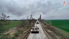 Russian Army T-90M tanks roll to their position at an undisclosed location in Ukraine. 