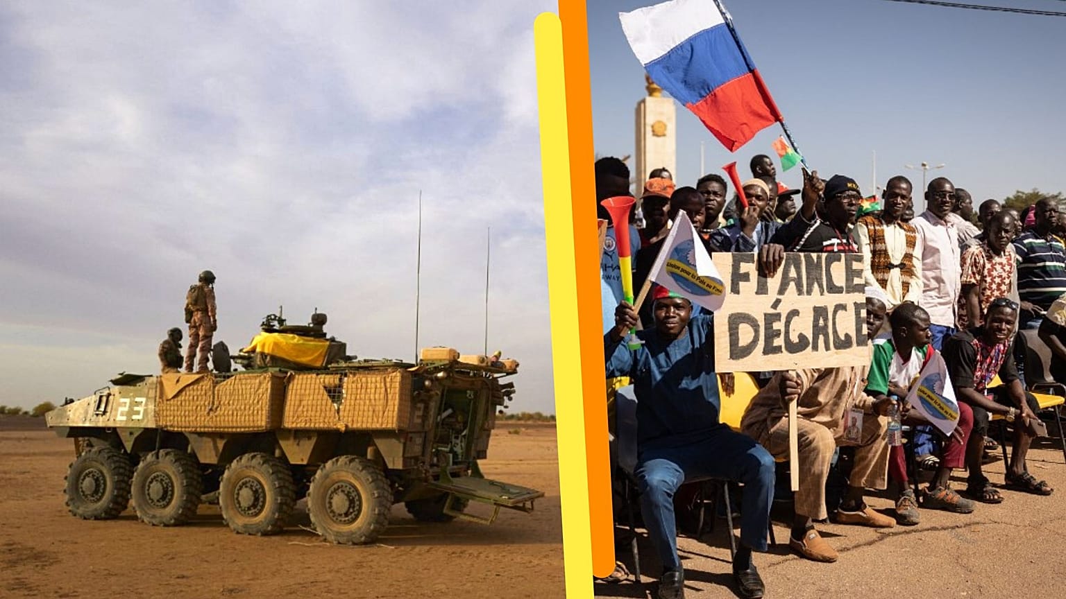 A g. : véhicule militaire français dans le nord du Burkina ( 09/11/2019) / A dr. : manifestation anti-française à Ouagadougou (20/01/2023)