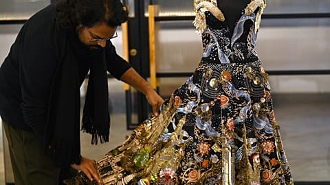 Indian designer Rahul Mishra with his latest Paris haute couture collection.