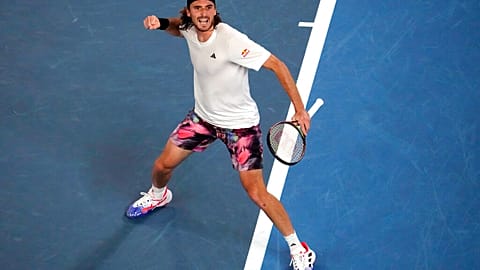 Greece's Stefanos Tsitsipas reacts after winning a point against the Czech Republic's Jiri Lehecka during their quarterfinal match at the Australian Open tennis championship.
