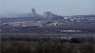 Smoke billows during fighting between Ukrainian and Russian forces in Soledar earlier this month