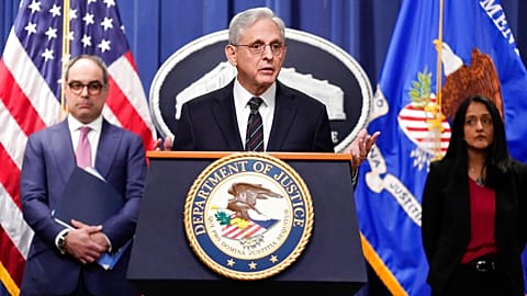 Attorney General Merrick Garland speaking at the Department of Justice in Washington on Tuesday