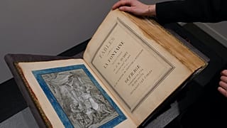 An album of drawings by French artist Jean-Baptiste Oudry for the Fables de Jean de La Fontaine is displayed at Christie's in New York in January 2023