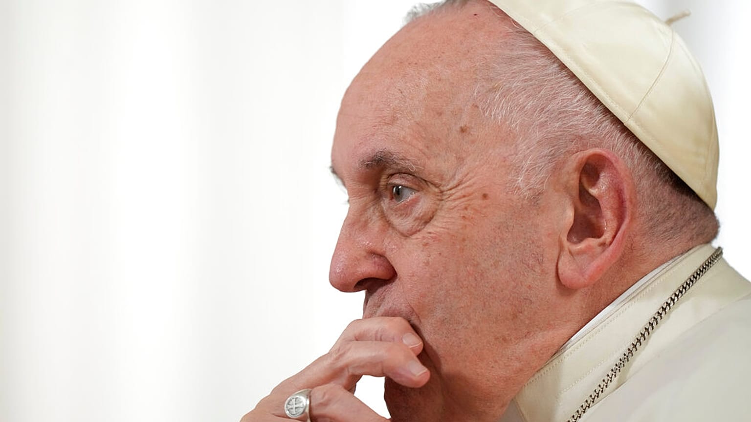 Pope Francis pauses during an interview with The Associated Press at The Vatican, Tuesday, Jan. 24, 2023.