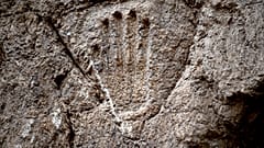 علماء آثار اسرائيليون يعثرون على نقش لكف يد على جدار حجري صخري في خندق مائي قديم خارج سور البلدة القديمة في القدس الشرقية المحتلة، 25 يناير 2023.