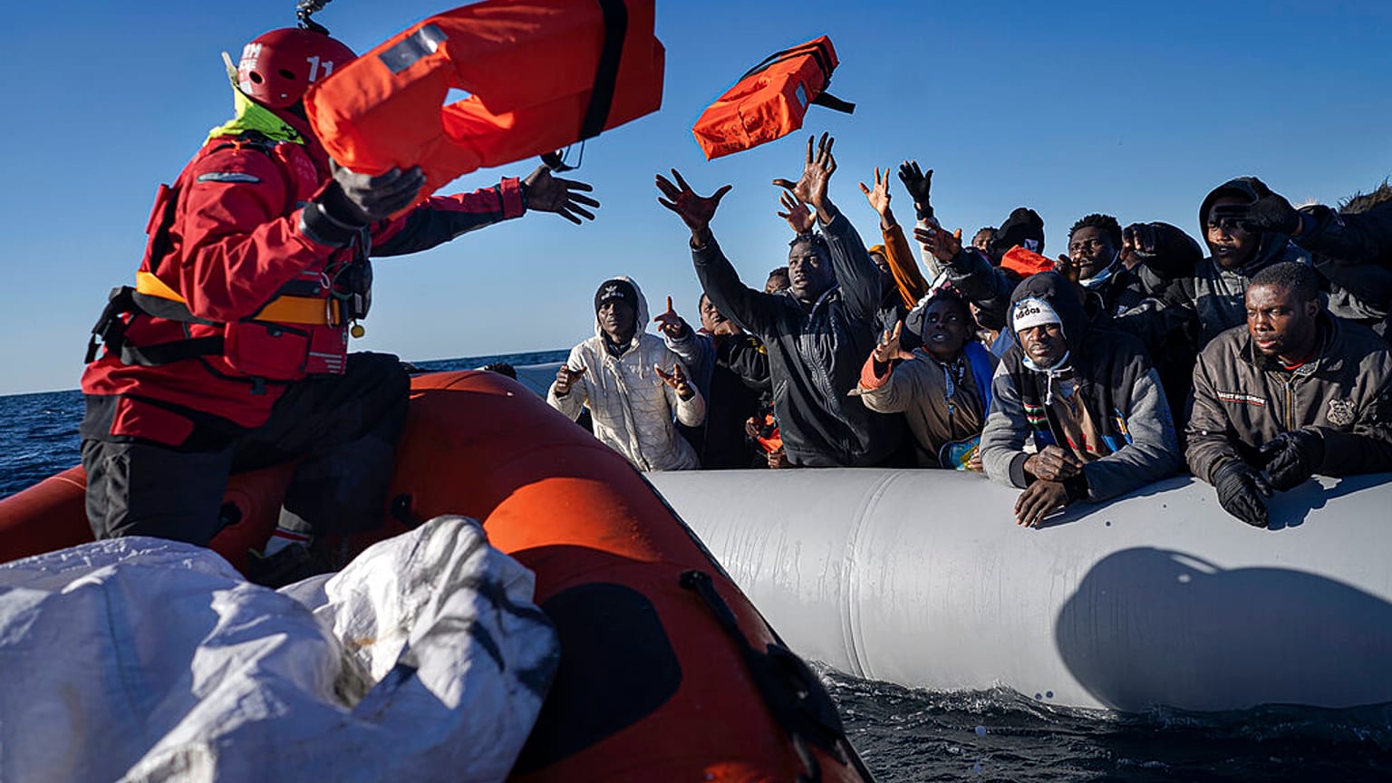 aid workers of the Spanish NGO Aita Mary in the Mediterranean Sea, about 103 miles (165 kms.) from Libya coast on Jan. 28, 2022.