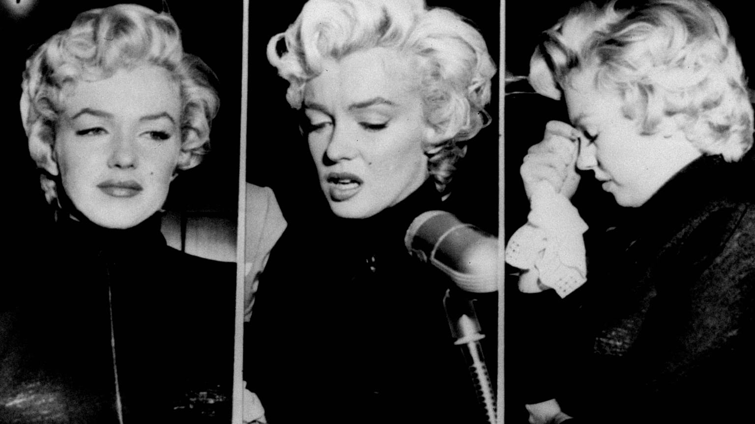 Tears well in the eyes of movie actress Marilyn Monroe as she faces reporters outside her home, October 6, 1954