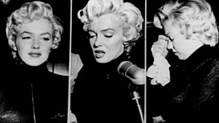 Tears well in the eyes of movie actress Marilyn Monroe as she faces reporters outside her home, October 6, 1954
