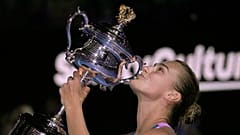 Aryna Sabalenka of Belarus holds the Daphne Akhurst Memorial Trophy after winning in the women's singles final at the Australian Open in Melbourne, 28 January 2023