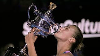 Aryna Sabalenka of Belarus holds the Daphne Akhurst Memorial Trophy after winning in the women's singles final at the Australian Open in Melbourne, 28 January 2023