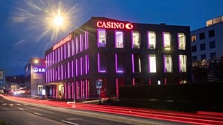 A long exposure shows traffic flowing past the Casino Schaanwald in Schaanwald, Liechtenstein, 12 January 2023