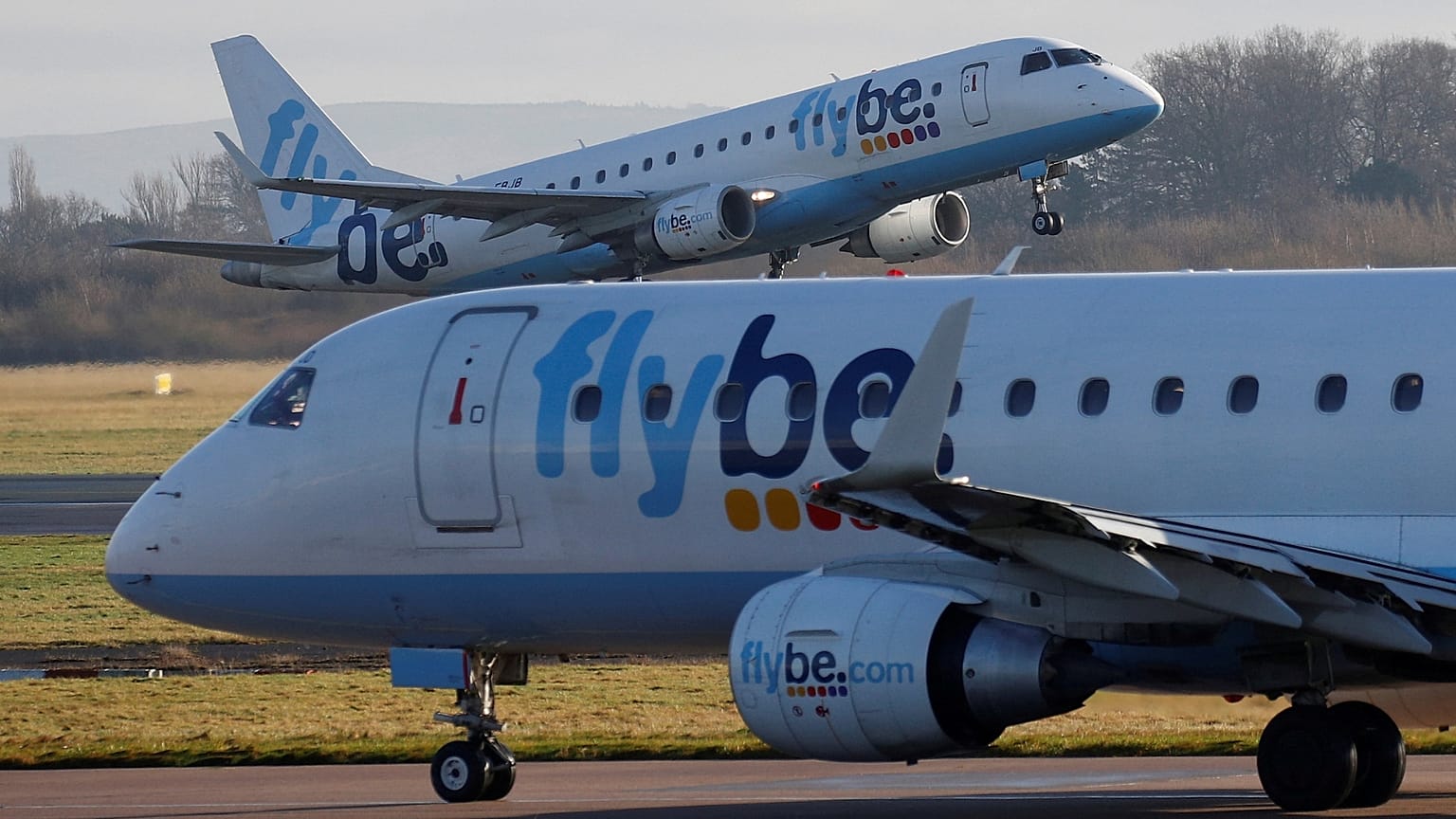 A Flybe plane takes off from Manchester Airport.