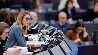 European Parliament's President Roberta Metsola chairs the vote for vice-president of parliament, Jan. 18, 2023 in Strasbourg, eastern France.