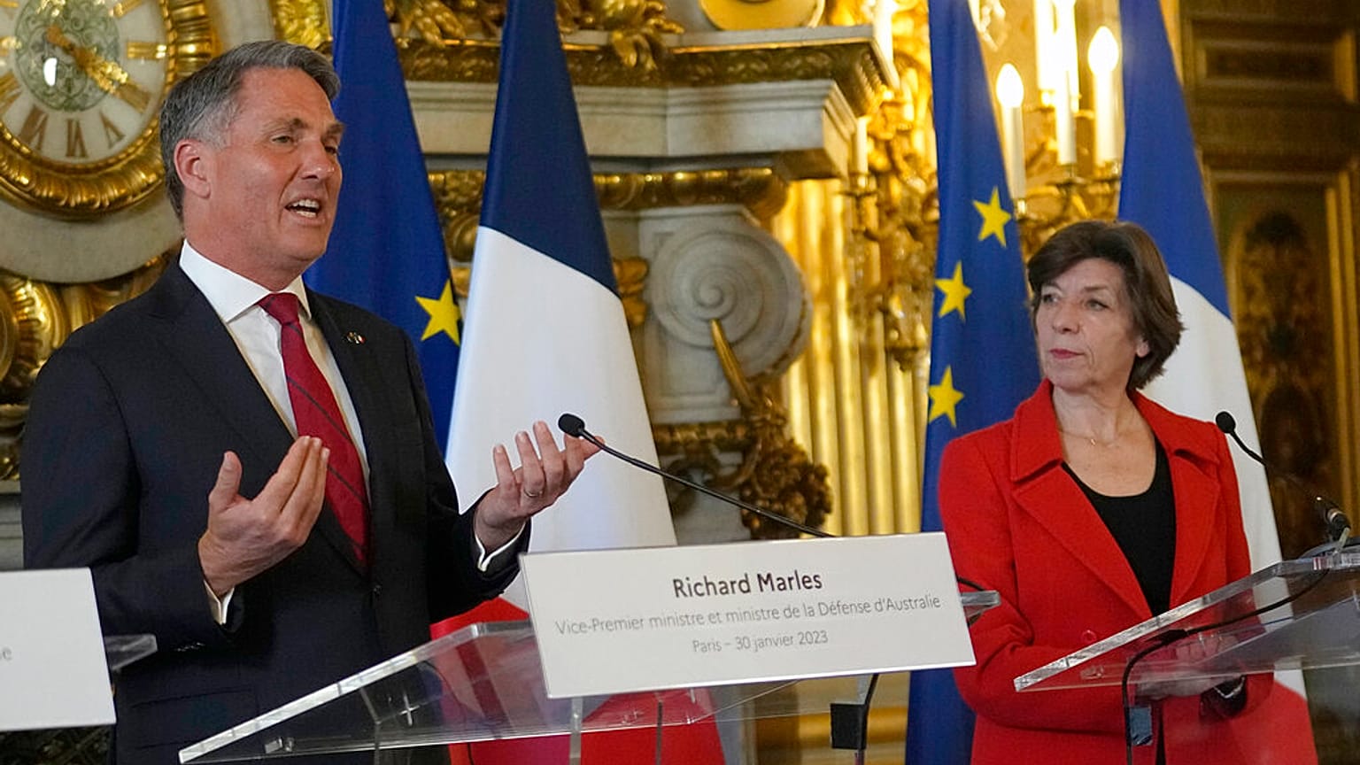 French Foreign Minister Catherine Colonna, right, watches Australian Defense Minister Richard Marles