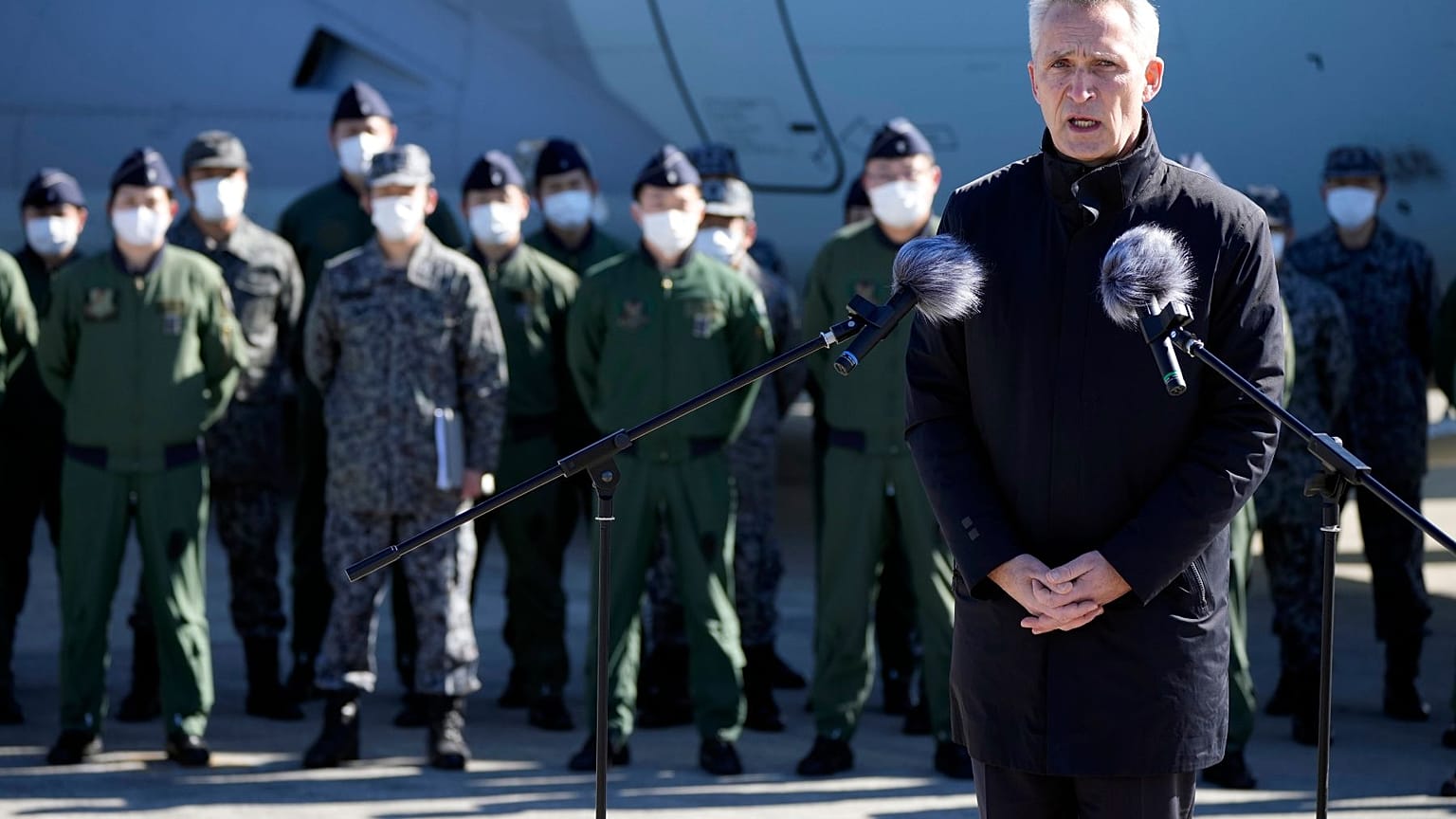 NATO Secretary-General Jens Stoltenberg delivers a speech to personnels of Japan Self Defence Forces at Iruma Air Base in Sayama, northwest of Tokyo, Tuesday, Jan. 31, 2023