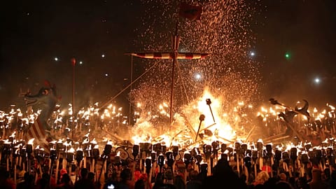 Members of the Jarl Squad in Lerwick, Scotland, on the Shetland Isles, perform the Up Helly Aa Viking festival, 28 January 2020 