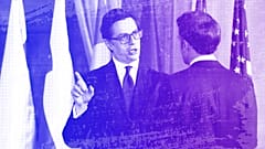President of North Macedonia Stevo Pendarovski talks to his French counterpart Emmanuel Macron in June 2022