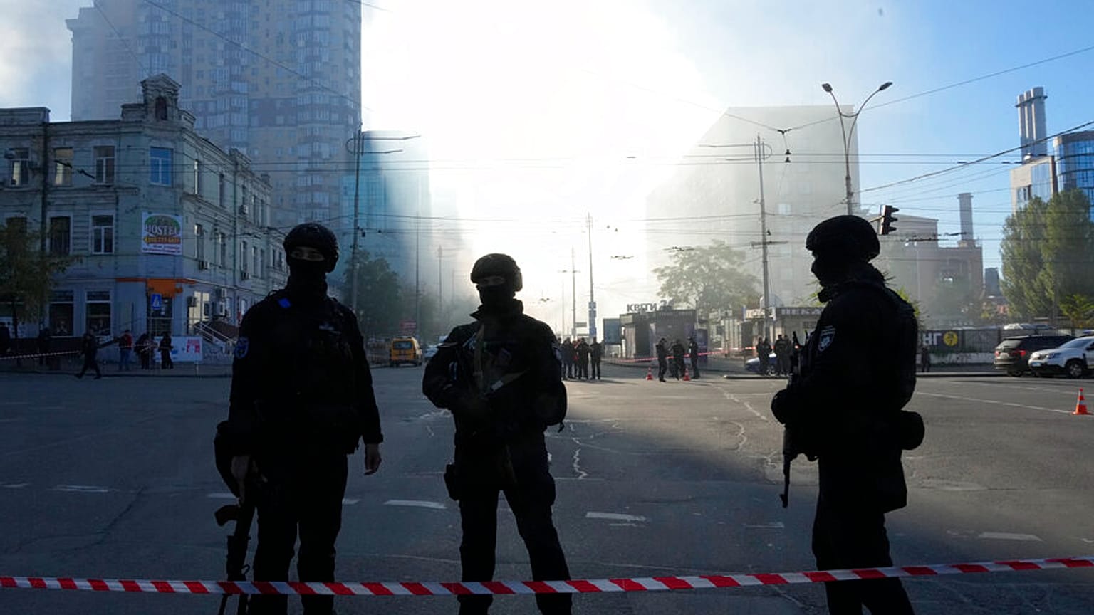 Police block a square after a drone fired on buildings in Kyiv, Ukraine, Monday, Oct. 17, 2022.