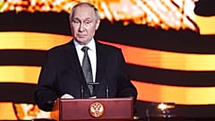 Vlagyimir Putyin a sztálingrádi csata 80. évfordulóján tartott beszéde közben, 2023. február 2.