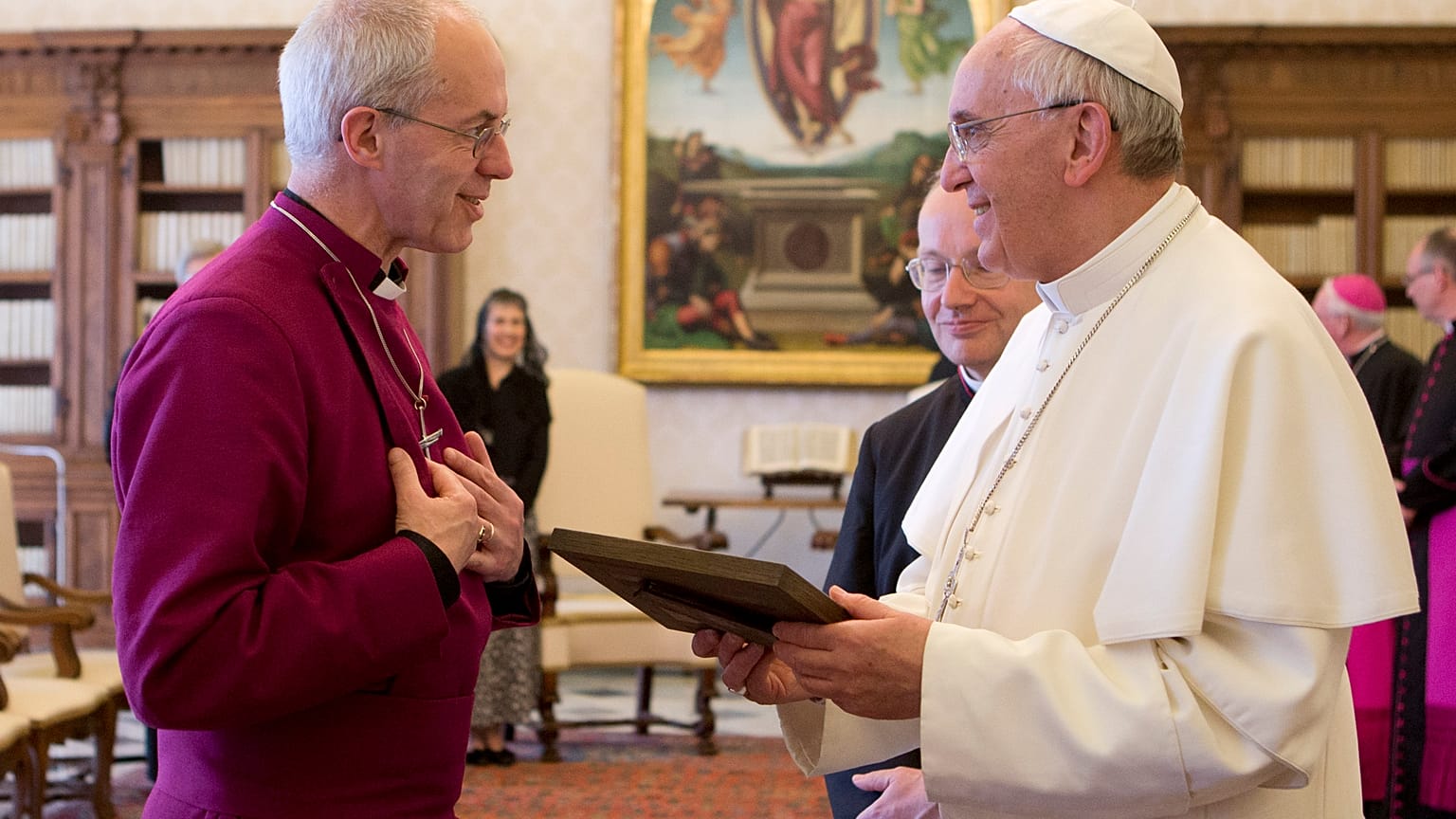 Pope Francis exchange gifts with the Archbishop of Canterbury Justin Welby during a private audience at the Vatican.