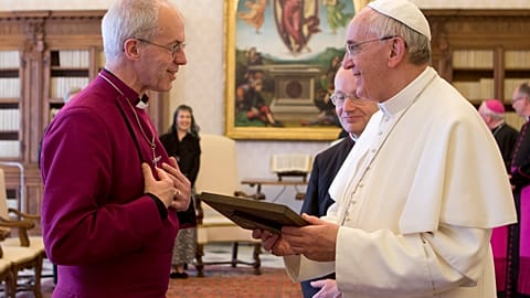 Pope Francis exchange gifts with the Archbishop of Canterbury Justin Welby during a private audience at the Vatican.